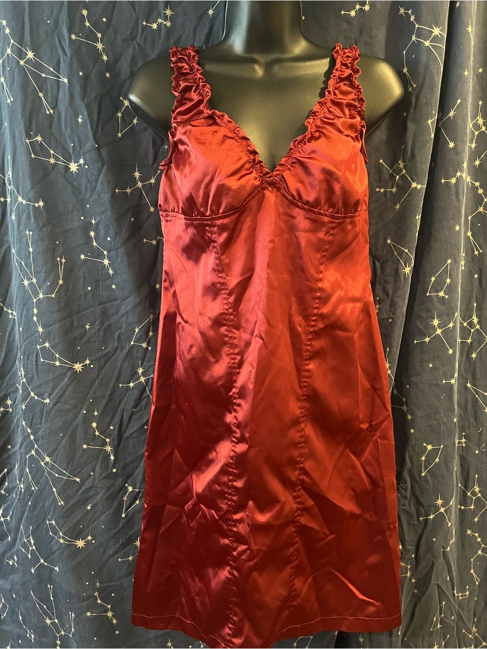 Satin Ruffle-Trim Mini Dress in Deep Red